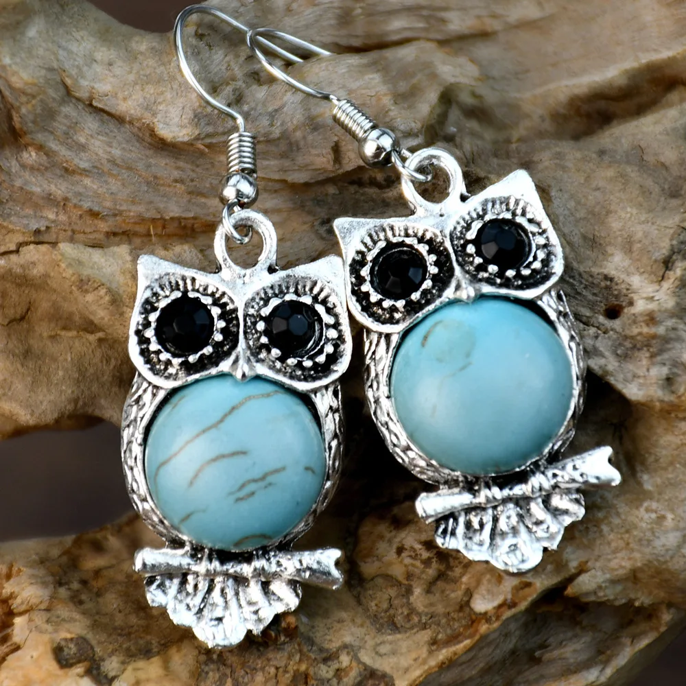 

New Vintage Earrings Turquoise Antique Owl Pendant Earrings Niche Design Exquisite Personality Women Jewelry Gift