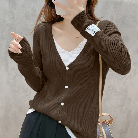 

False Two Coffee Long Sleeve Loose Tops Slim Woman Pullover Knitted Sweater Jumper Spring Top Cloth Clothes for Women Girl Lady