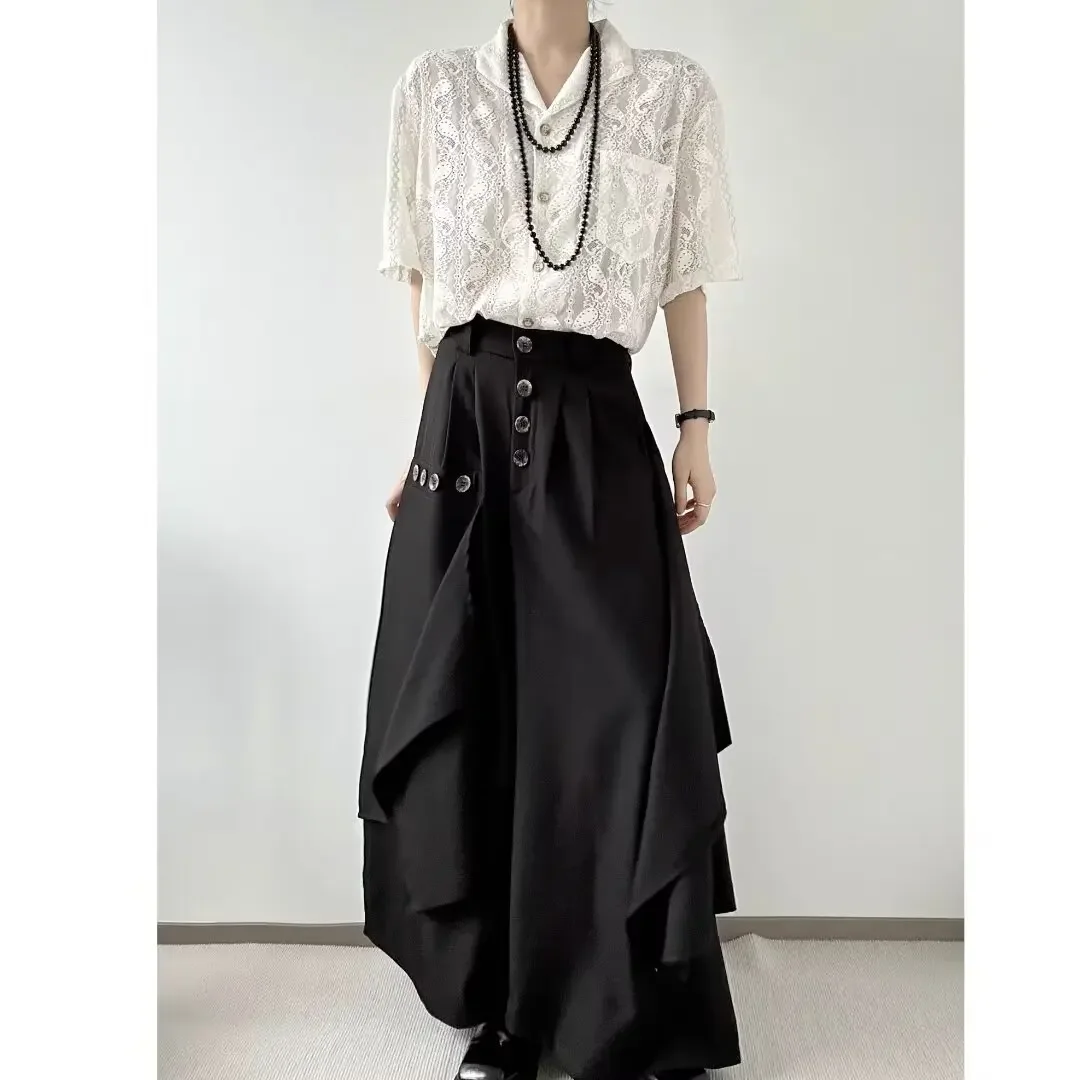 Фото Модные мужские брюки в японском стиле, широкие брюки Hakama, мешковатые брюки для мужчин и женщин, уличная одежда в стиле хип-хоп, стильная одежда самурая №1