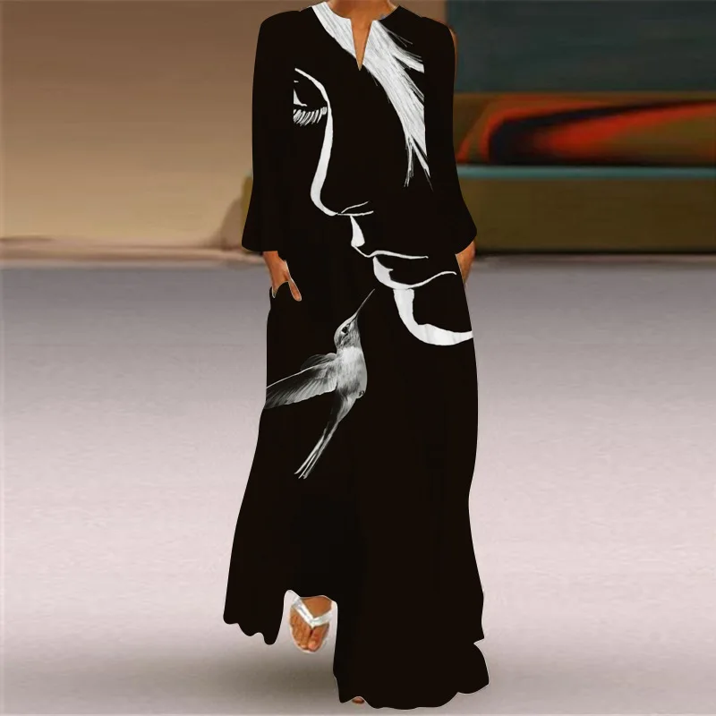 

2022 New Black Dress Women Casual Beach Holiday Long Sleeve Loose Maxi Dresses Woman Elegant V-Neck Face Printed Party Dress