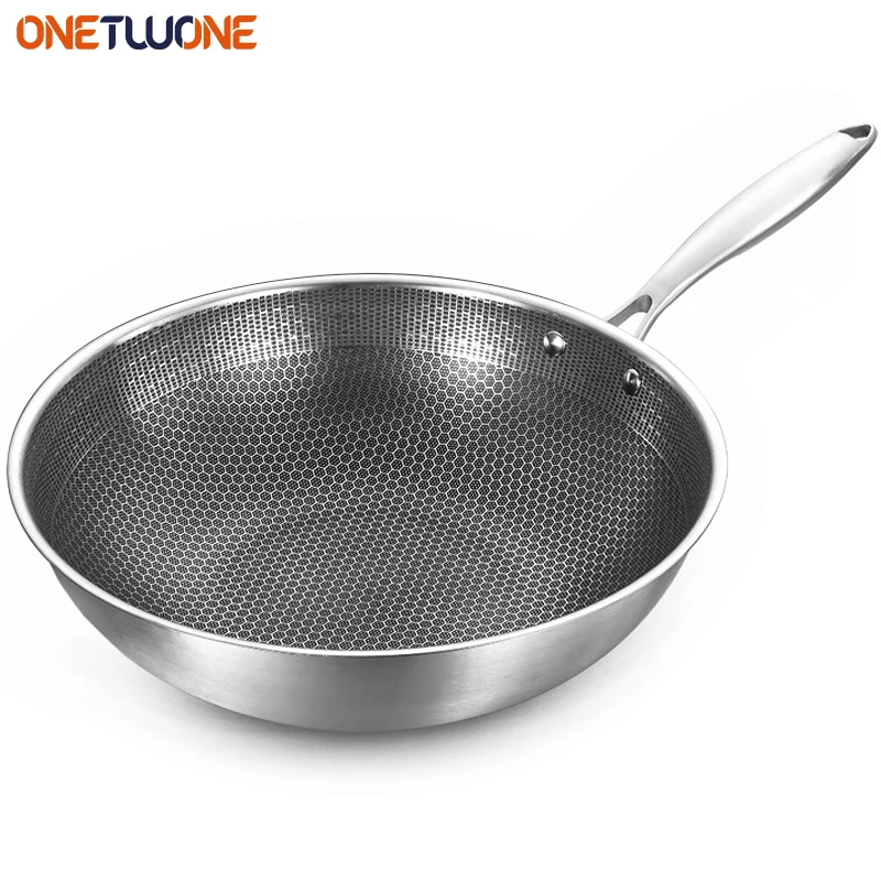 NEW Uncoated wok,non-stick pan,Stainless steel,Honeycomb design,Uniform heating,For Electric, Induction and Gas Stoves