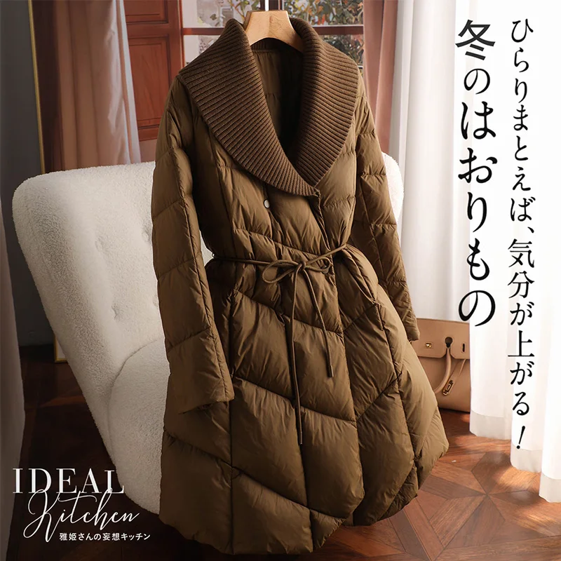 Long Duck Jacket Women 90%  White Duck Down Winter High Street  Covered Button  Spliced  Adjustable Waist Thin Coat Women