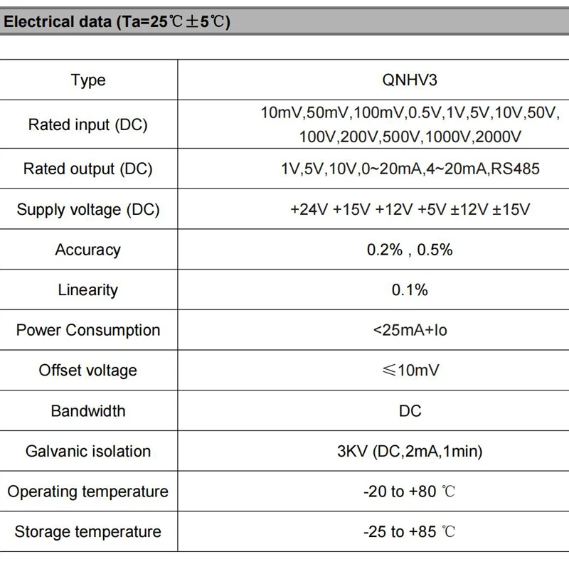 Датчик напряжения постоянного тока QNHV3 In 10mV 50mV 100mV 0.5V 1V 10V 200V 500V 1000V 2000V Out 5V 0~20mA 4~20mA