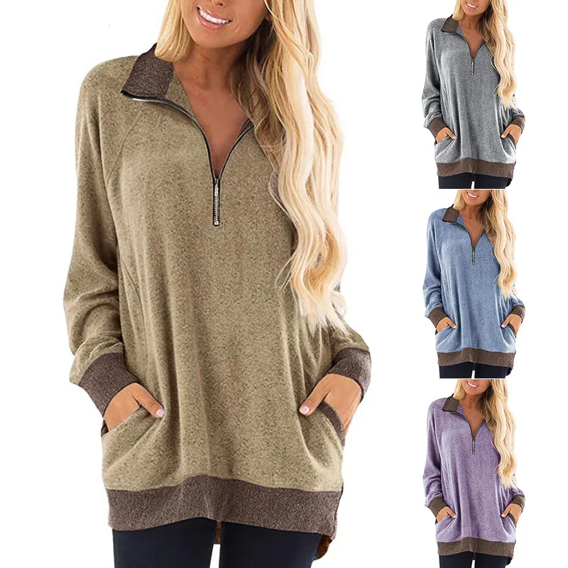 

2022 autumn and winter new women's chest zipper casual pocket long-sleeved sweater T-shirt women
