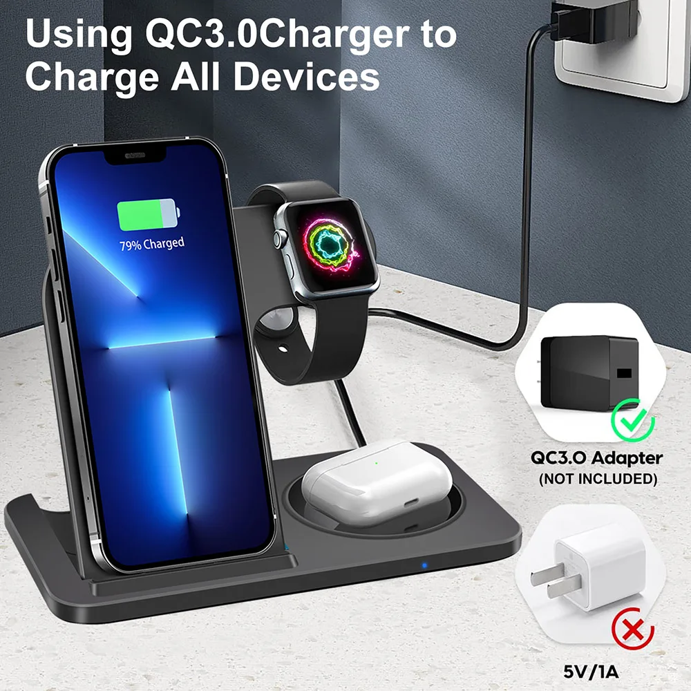 Фото Беспроводное зарядное устройство 3 в 1 для iPhone 14 13 12 11 8 X XS XR Apple Watch 7 Airpods Pro Qi - купить Беспроводное зарядное устройство 3 в 1 для iPhone 14 13 12 11 8 X XS XR Apple Watch 7 Airpods Pro Qi - купить