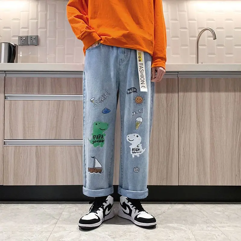 

Graffiti jeans men oversized straight trousers 2021 spring autumn new y2k high street hip-hop preppy style casual loose trousers