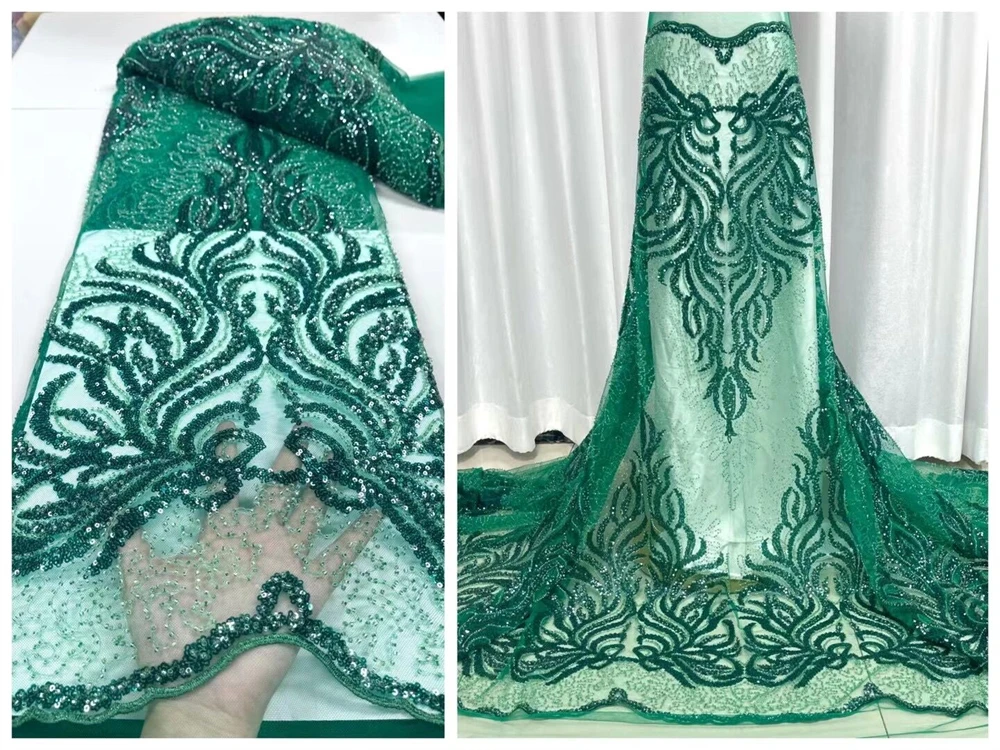 

2023High Quality African Nigerian Lace Fabric Embroidery Tulle Pure Wedding Party Dress SequinsFor Sewing Net Cloth Beads 5Yards