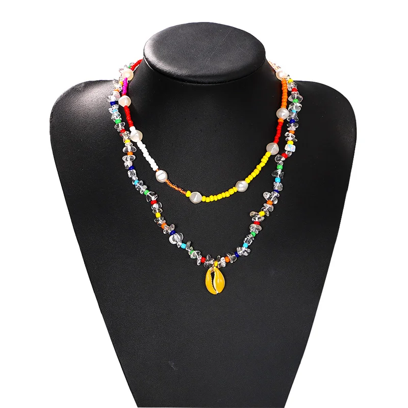 

XIPPOSS Jewelry Double-layer Stacked Colorful Bead Necklace Shell Pendant Temperament Chain Collarbone Chain Sweater Chain Women