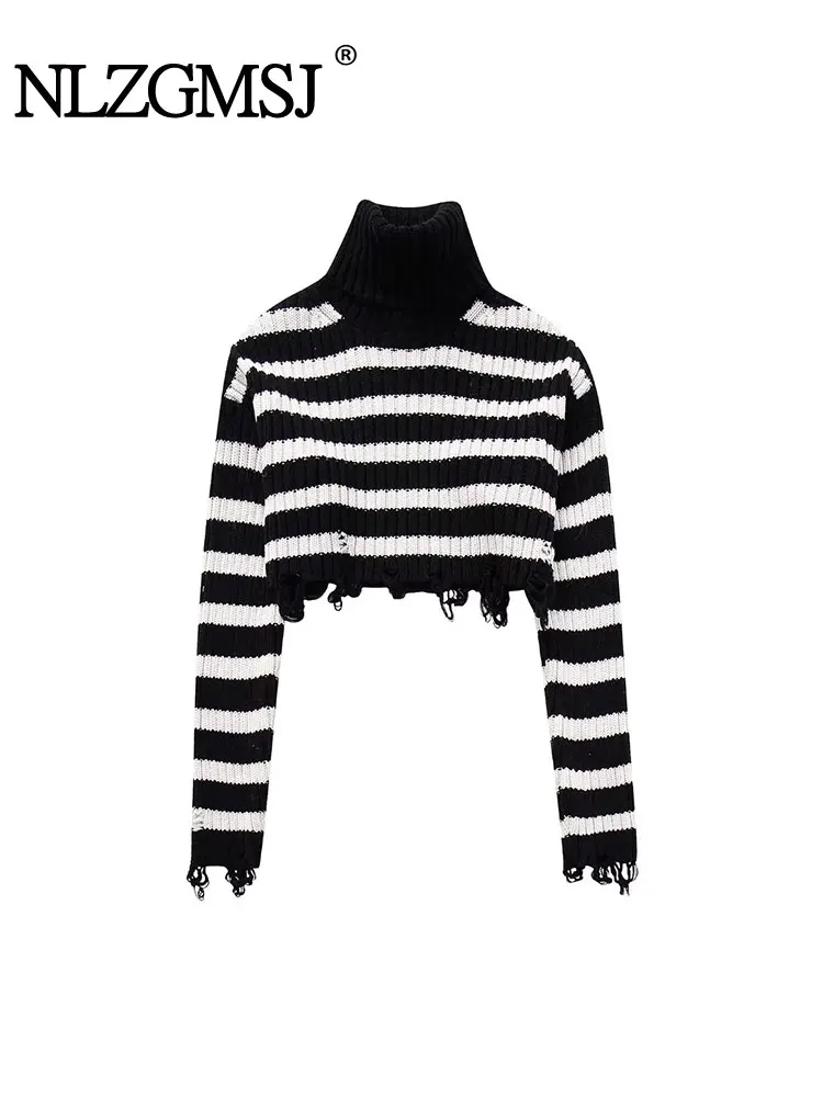 

TRAF 2024 Autumn Knitted Striped Sweater Women Cropped Winter Turtleneck Sweaters Women Long Sleeev Pullovers Knitwear Jumpers