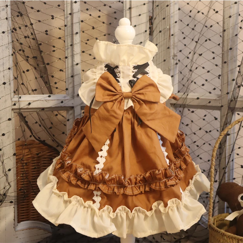 

2023 New Handmade Pet Dog Clothes 100%Cotton Khaki Big Bow Lolita Princess Dresses For Small Medium Dog Puppy Skirt Teddy Bichon