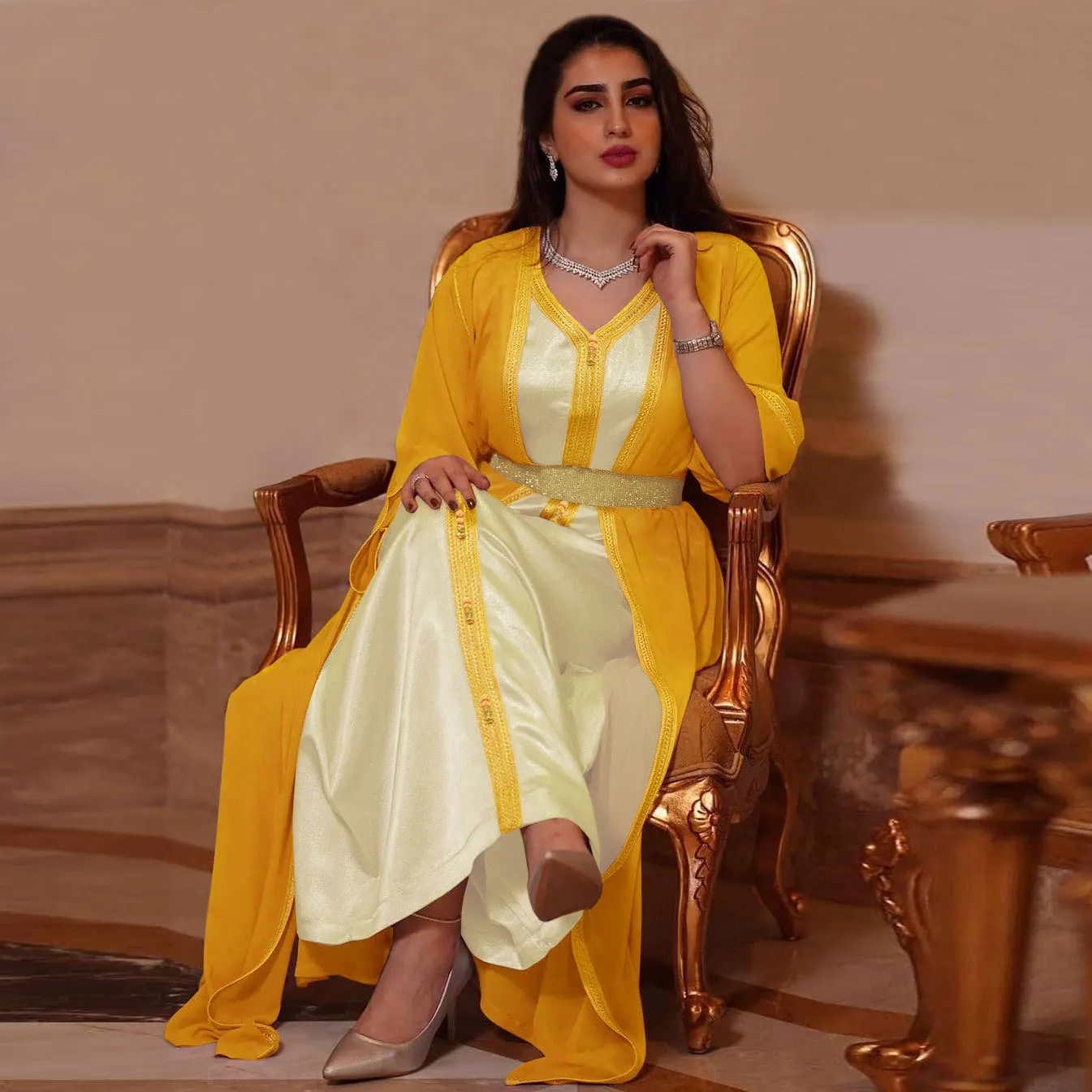 Robe Femme Musulmane Spring Autumn Girls Pink Chiffon Dress Sets Dubai Abaya Turkey Muslim Two-piece Set Abayas For Women