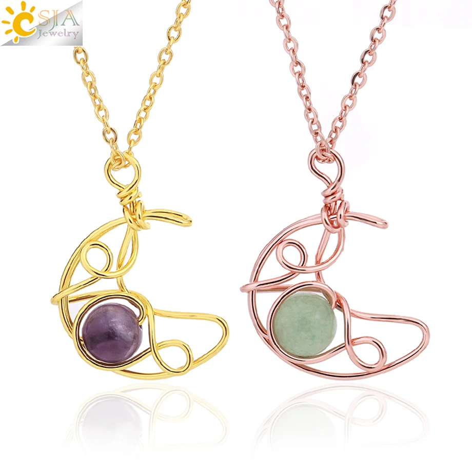 

CSJA Crystal Crescent Moon Necklace Natural Stone Wire Wrapped Pendant Healing Stainless Steel Chain Necklace Jewelry Women H170