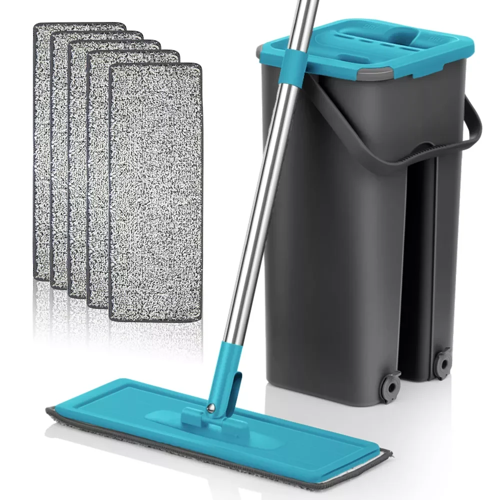 

Flat Squeeze Mop and Bucket Hand Free Wringing Floor Cleaning Mop Microfiber Mop Pads Wet or Dry Usage on Hardwood Laminate Tile