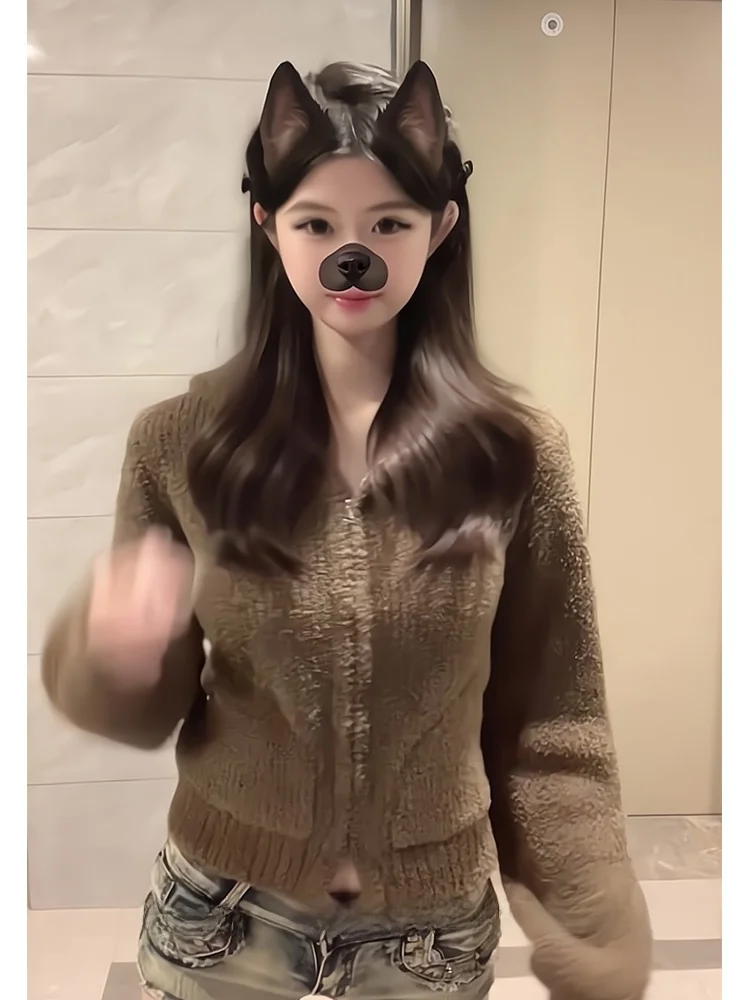 Кофейный цвет свитер на молнии с капюшоном кардиган женский осенне-зимний