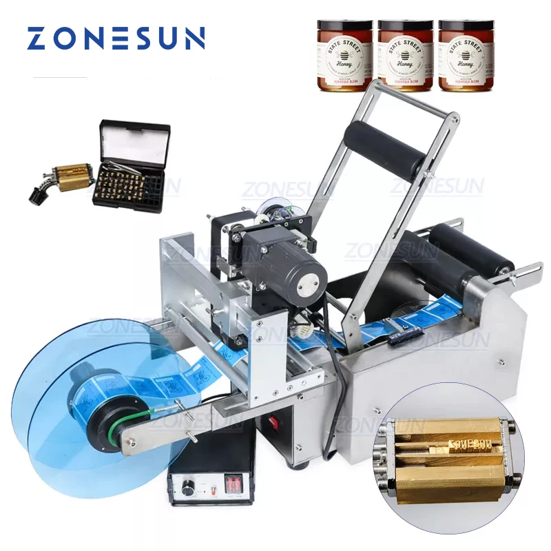 ZONESUN-máquina de etiquetado de botellas redondas, semiautomática, TB-YL50D, aplicador de etiquetas con impresora de fecha, dispensador de etiquetas autoadhesivas