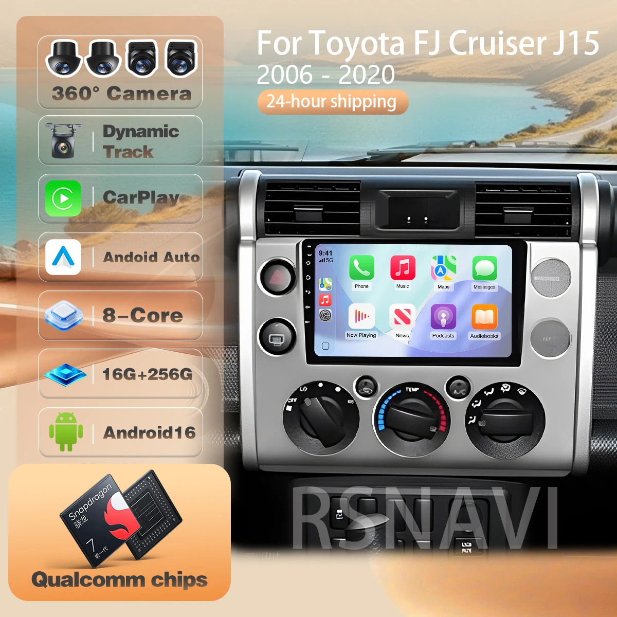 Фото Для Toyota FJ Cruiser J15 2006-2020: Мультимедийная система Carplay Auto Qualcomm DSP с Bluetooth, камерой 360° и беспроводным Android 16 на базе Snapdragon №1