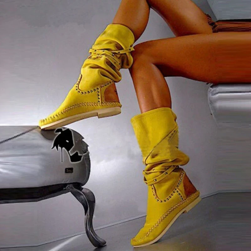 

Lady Shoes Yellow Suede Leather Round Toe Rivet Flat Boots Knee High Spike Big Size Flat Knee High Boots Winter Long Boots