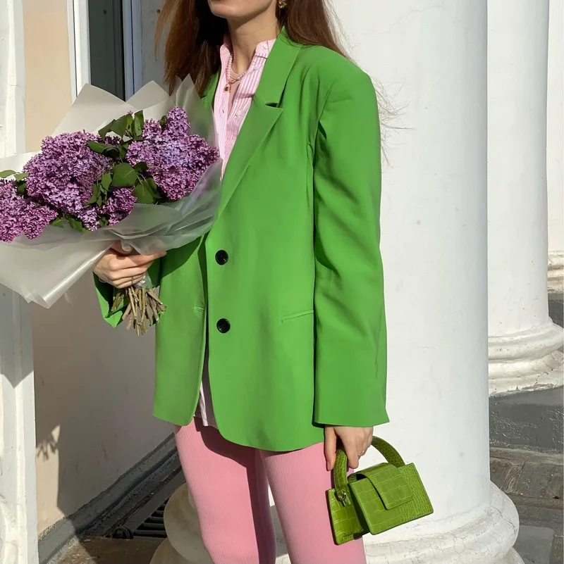 2021 Chic Loose Light Pink Women Blazer Spring Summer Single Buttons Female Oversized Suit Green Jacket Full Sleeve Outwear