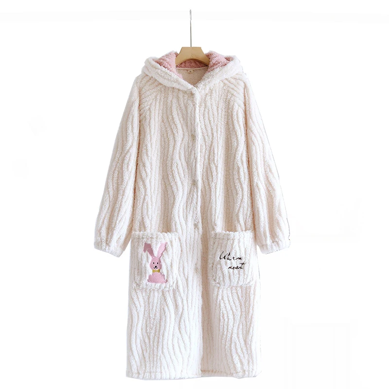 Autumn Winter Cute Pajamas Women Flannel Nightgown Thickened Coral Velvet Korean Pajamas Housewear Suit Warm Hooded Bathrobe