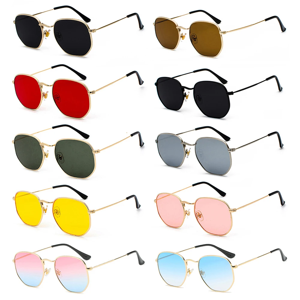 

Driving Sun Glasses UV400 Shades Eyewear Small Square Sunglasses for Men and Women Metal Frame Polygon Mirrored Lens Sunglasses