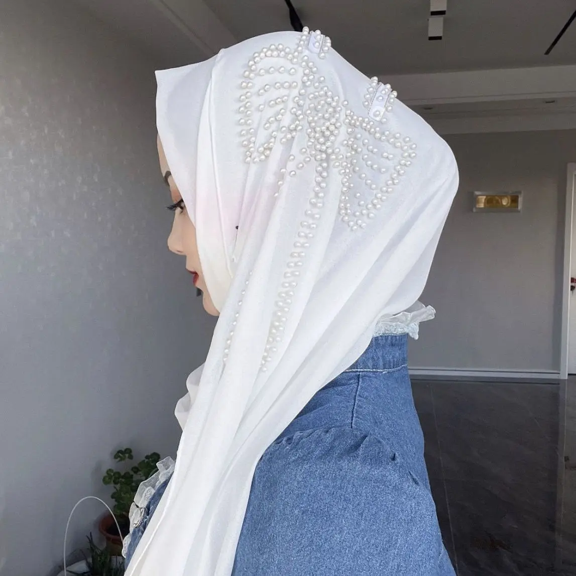 Butterfly Pearl Bubble Chiffon Hijab Muslim Woman Veil Long Musulman Femme Shawl Soft Instant Hijabs for Women Full Cover Scarfs