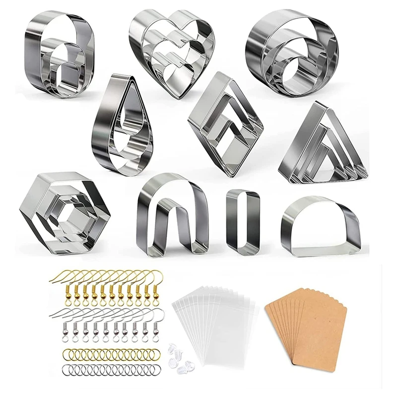 

24Pcs Polymer Clay Cutters 10 Shapes Stainless Steel Clay Cutters With Earring Hooks Earring Cards Jump Rings