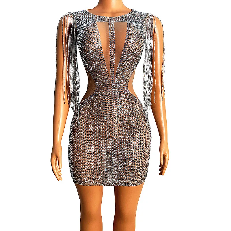 

Sparkly Silver Rhinestone Fringe Transparent Short Dress Birthday Celebrate Chain Shoulder Outfit Women Dancer Evening Dress