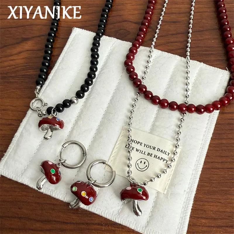 Фото XIYANIKE винтажные масляные бусины Redwine, грибная цепочка для свитера, ожерелья для женщин, модные новые ювелирные аксессуары, подарок для вечеринки №1