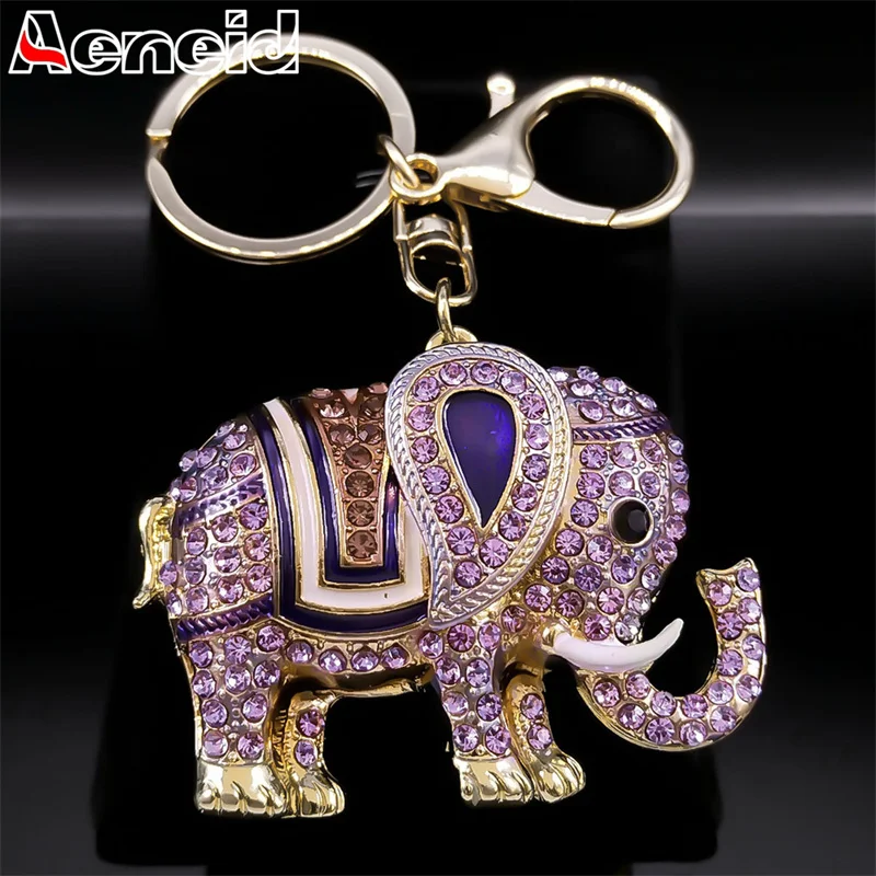 

Purple Crystal Elephant Luxury Key Chain Women Men Exquisite Alloy Rhinestone Animal Keyring Jewelry llaveros para mujer K5203