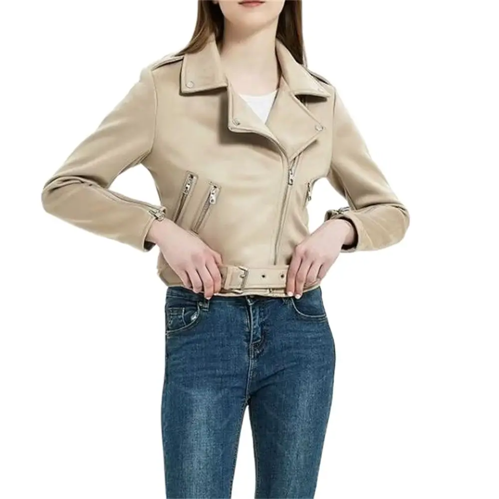 

Imitation Deerskin Short Section Jackets Spring Autumn Winter Lapel Badges Zipper Long Sleeve Belt Brown Gray Coat Jacket Veste
