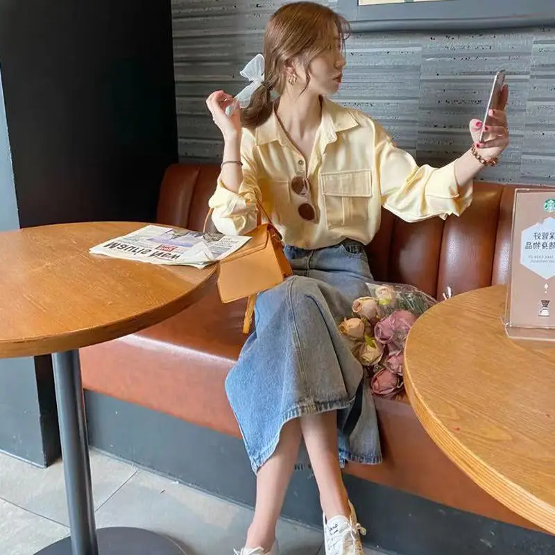 

2022 Spring Summer Women's Retro Suits Female Solid Color Loose Shirts+ High Waist Denim Skirts Ladies Two Piece Sets F118