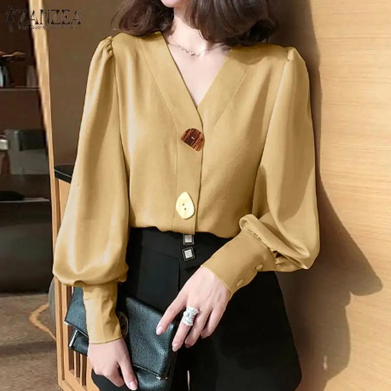 

ZANZEA Elegant Women V Neck Long Lantern Sleeve Shirt Spring OL Blouse Casual Solid Work Blusas Female Stylish Tops Tunic Chic