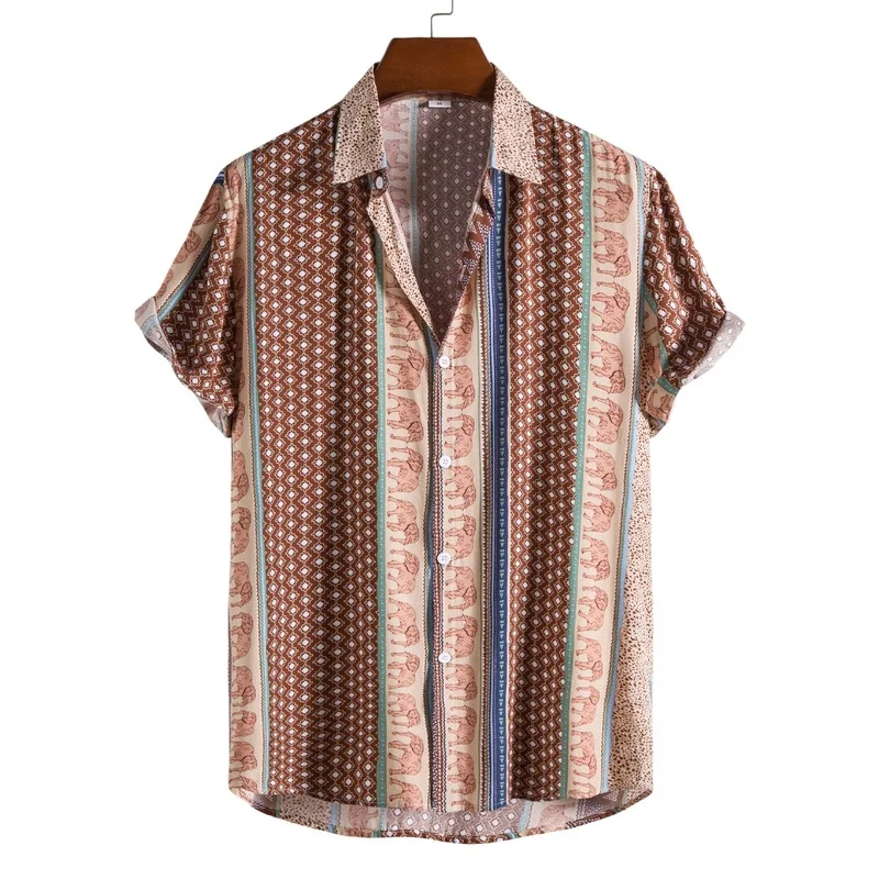 Men Shirt Top Summer Loose Print Cardigan Shirt Men's Casual Short Sleeve Single-Breasted Turn-down Collar Shirt Vacation Shirt