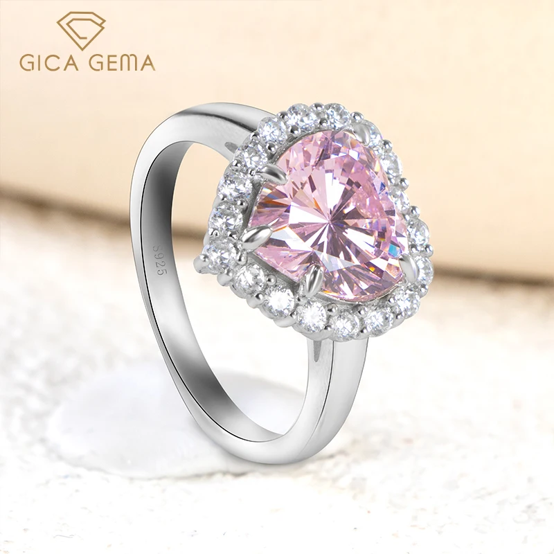 GICA GEMA Heart Red Pink Diamond Rings For Women Girl Real 925 Sterling Silver Heart Of The Sea Wedding Gift To Girlfriend