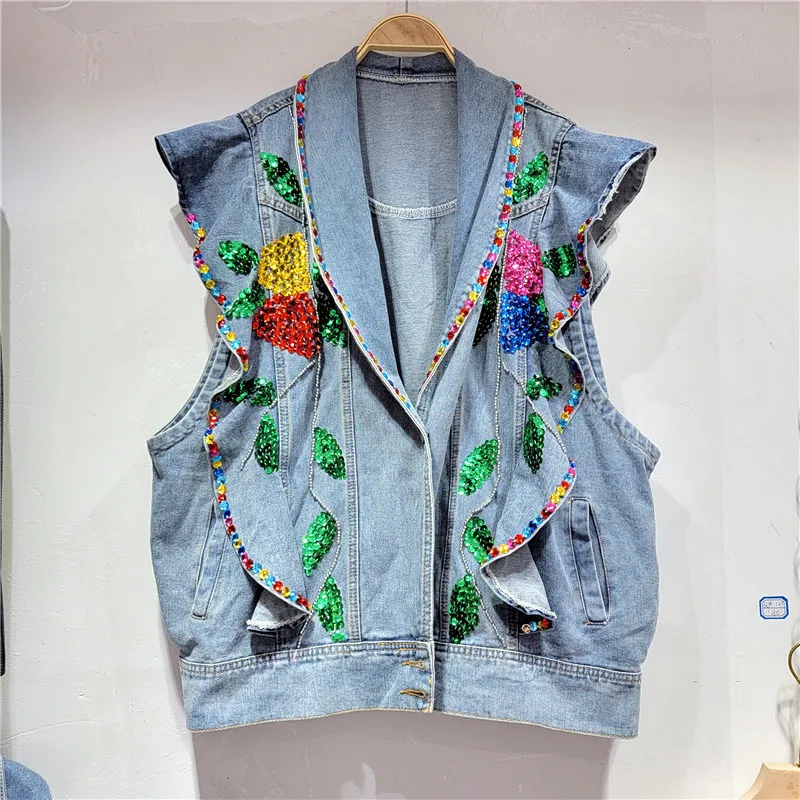 2022 New Autumn Coat Heavy Industry Sequins Flowers Diamond Jeans Vest Jacket Female Loose Denim Vests Women's Fashion Waistcoat