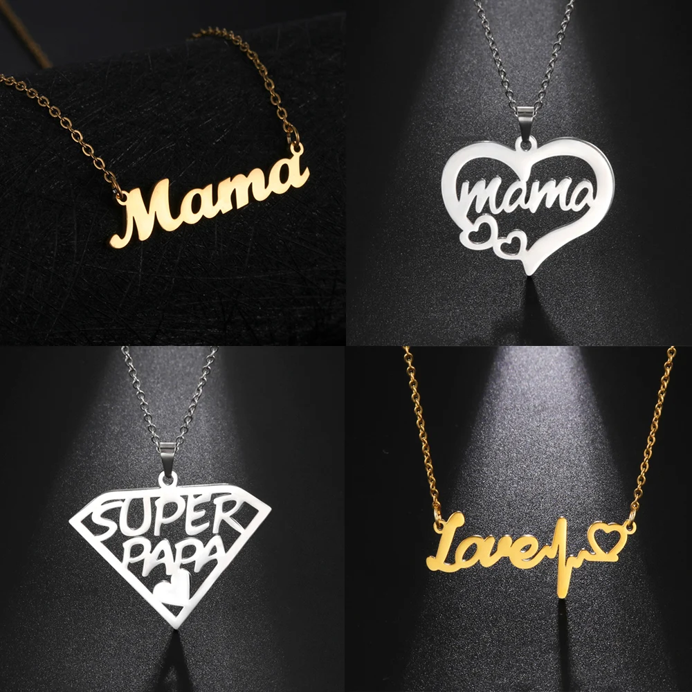 Lemegeton Super Mama Papa Mom Dad Necklace For Women Stainless Steel Choker Letter Necklaces Family Jewelry Father's Day Gift