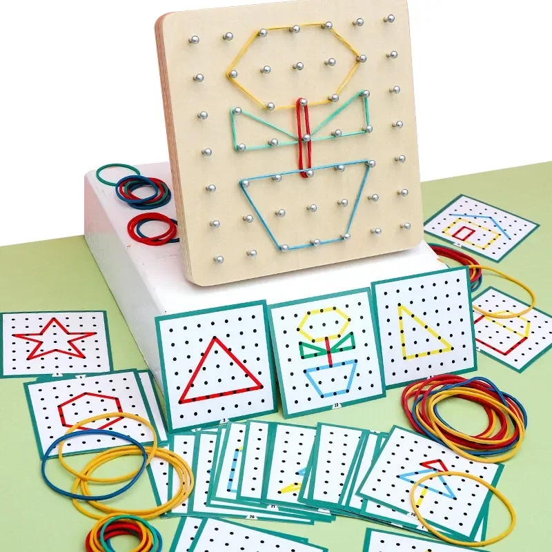

Montessori Educational Kids Baby Creative Toys Graphics Math Pattern Blocks Geo Board Rubber Bands Wooden Nail Boards Sets Gifts