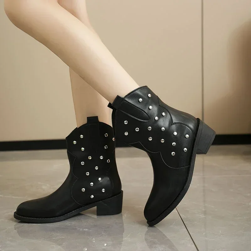 2024 новые женские ботильоны в стиле ретро кожаные ковбойские осенние зимняя обувь
