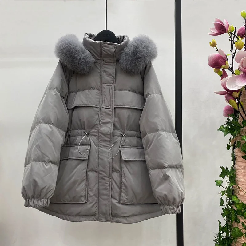 

Real Natural Fox Fur 2021 New Women 90% White Duck Down Coat Female Loose Thick Warm Hooded Down Jacket Windproof Snow Outwear