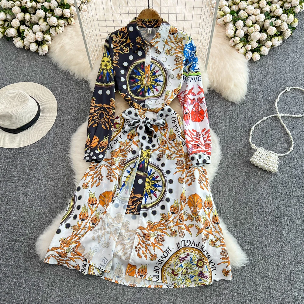 

Fashion Suits Women's European and American Personality Long-sleeved Stitching Printing Waist Slim Shirt Two-piece Skirt