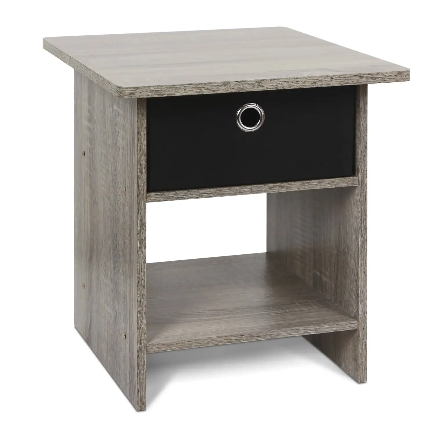 

End Table/Night Stand with Bin Drawer, French Oak Grey & Black Bedside