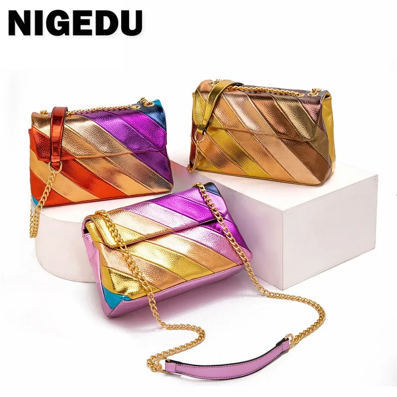 

Fashiona Rainbow women chain flap bags Metal patchwork ladies Crossbody Shoulder Bag pu Leather Phone Sling bag female HandBags