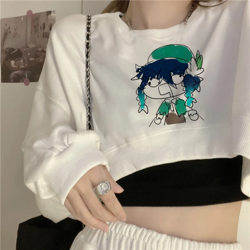 

Женская одежда Genshin Impact, белый и синий уличный Свитшот Venti Kawaii, толстовка с капюшоном и надписью, повседневный женский короткий топ с длинными рукавами
