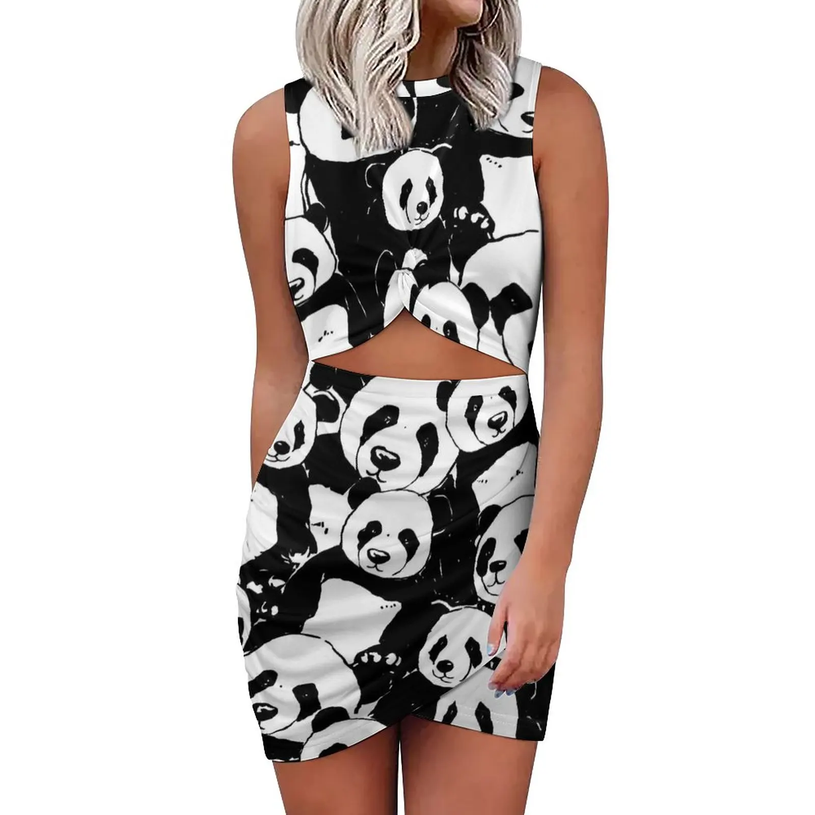 

Черно-белое женское облегающее платье с забавным животным принтом, весеннее милое платье с вырезами, платье оверсайз с графическим принтом