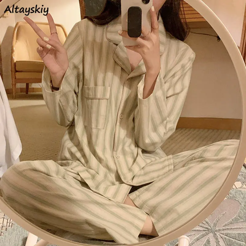 

Пижамный комплект женский полосатый, простая Весенняя модная уютная одежда для сна с длинным рукавом в Корейском стиле, Повседневная Популярная домашняя одежда