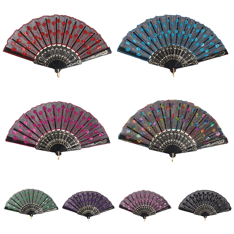 

1PC Silk Fan Folding Fan Wedding Art Gifts Peacock Sequin Dancing Fan Hand Held Gift Fan Dance Peacock Fan