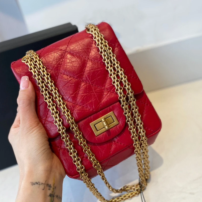 

Women Messenger Bag Red Waterproof Genuine Leather Chain Fashion Women Handle Bag Classic Soft Casual Square Bag Underarm Bag