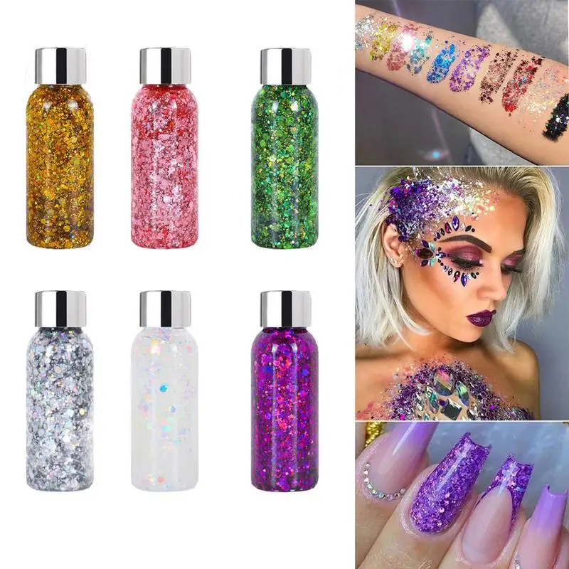

6 Pcs Body Glitter Gel Glitter Liquid Gel Kit Long-lasting Sequins Chunky Powder Gel Glitter Chunky For Face Hair Lips Nail