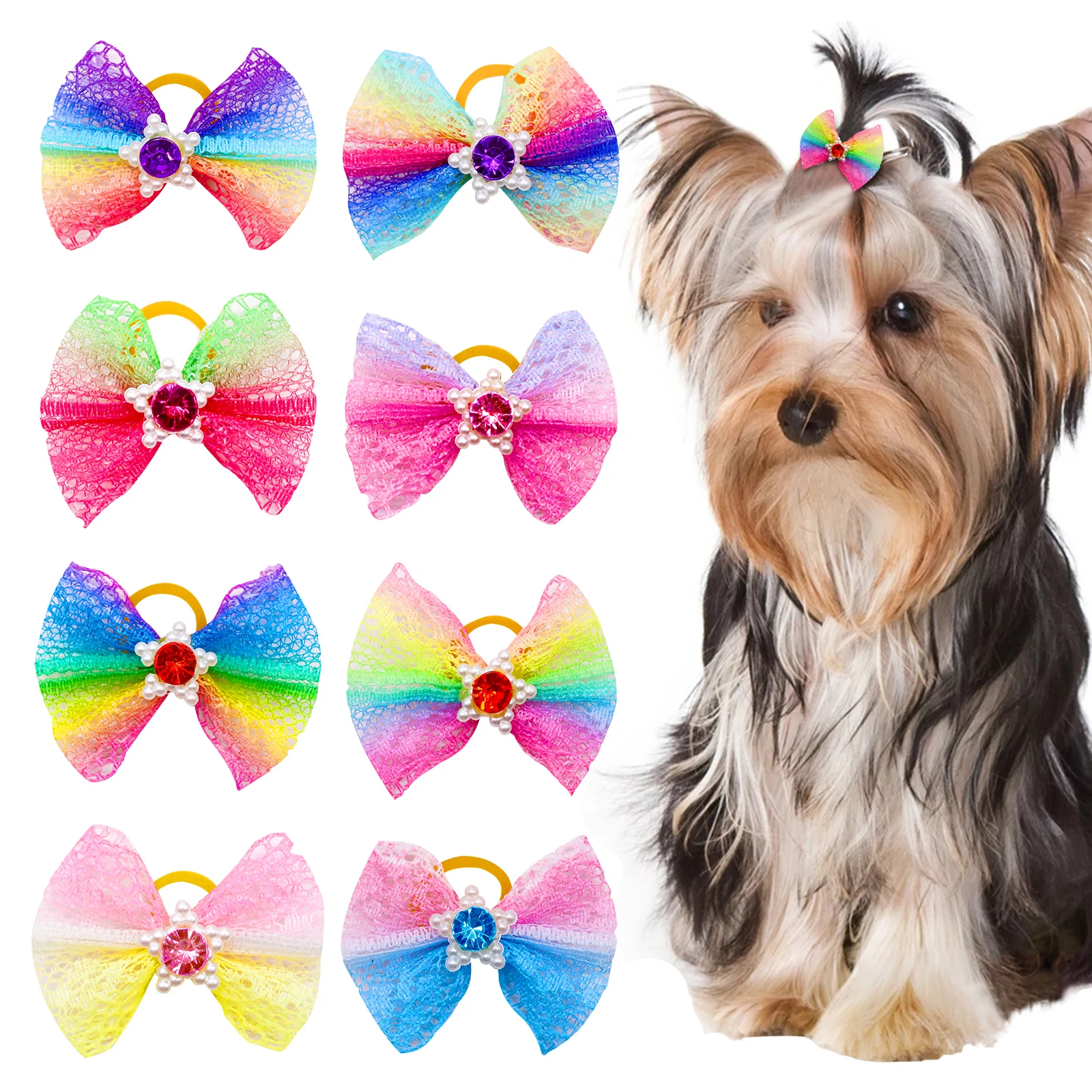 10/20pcs Ranbow Style Chien Cheveux Arcs avec Diamant Perle Coloré Décorer Chien Bowknot Cadeau pour