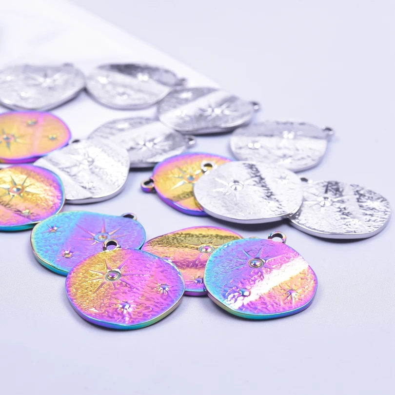1/2Pcs Rainbow Silver Color Irregular Round Engraving Star Plaque Charms Stainless Steel Pendant For Jewelry Making Supplies